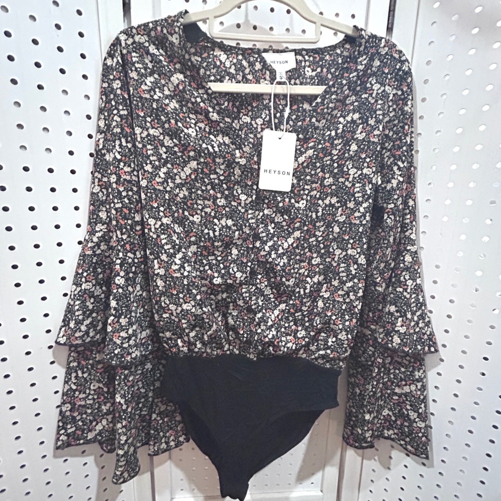 HEYSON Floral Bell Sleeve Bodysuit Black‎ Pink White Women's Size S
